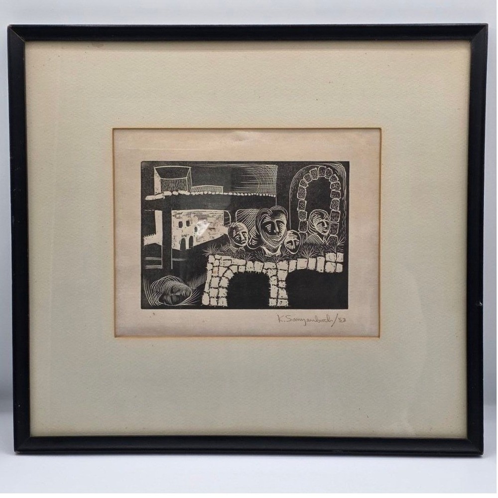 Vintage K Samyenbach Signed 1953 Linocut Print Framed Mid Century Modern Art